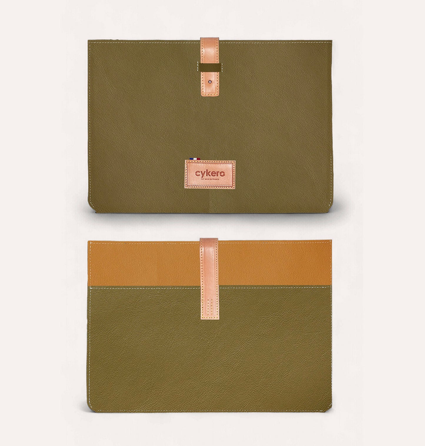 Pochette CHARLIE GM en cuir recyclé Kaki-Cognac - Cykero